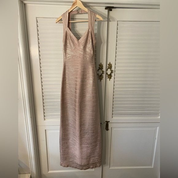 Herve Leger | Dresses | 35 Herve Leger Estrella Signature Pink And Gold  Bandage Dress Size M Vneck | Poshmark